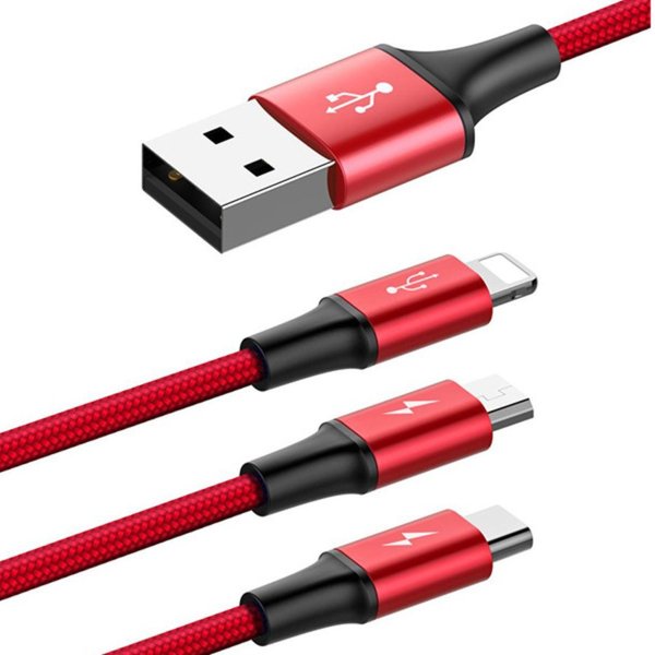 Latauskaapeli Baseus kabel USB A - Micro USB / lightning / USB-C, 1,2m - punainen nylon