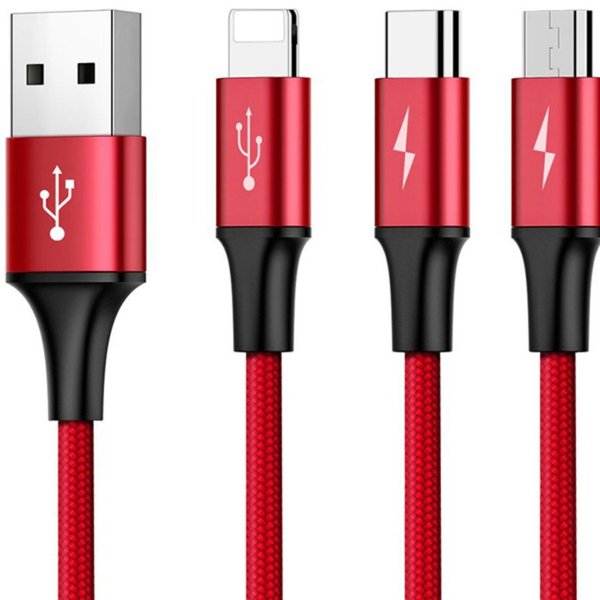 Latauskaapeli Baseus kabel USB A - Micro USB / lightning / USB-C, 1,2m - punainen nylon
